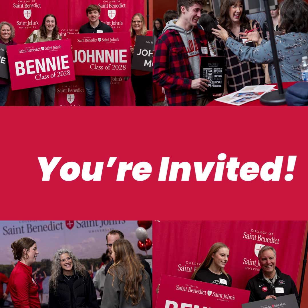 Collage of students and families celebrating acceptance to the College of Saint Benedict and Saint John’s University. Signs read "Class of 2028." The center features the text "You’re Invited!" on a red background.