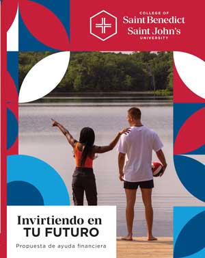Two people stand by a lake, one pointing into the distance. The image is overlaid with text and graphics. The top displays the College of Saint Benedict and Saint John's University logo. The text reads "Invirtiendo en Tu Futuro" and "Propuesta de ayuda financiera.
