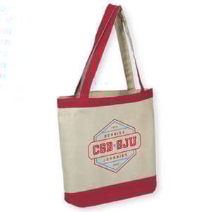 A beige tote bag with red handles and trim, featuring a blue and red geometric logo that reads "CSB-SJU Bennies Johnnies" on the front.