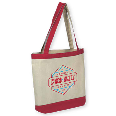 A beige tote bag with red handles and trim, featuring a blue and red geometric logo that reads "CSB-SJU Bennies Johnnies" on the front.