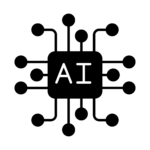 A simplified black and white illustration of a microchip labeled "AI" in the center, with lines and circles extending outward to represent electronic connections.