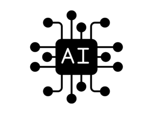A simplified black and white illustration of a microchip labeled "AI" in the center, with lines and circles extending outward to represent electronic connections.