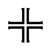 Black iron cross symbol with thick lines, forming a cross shape with flared ends, set against a light gray background.