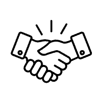 Black and white line drawing of two hands shaking, symbolizing agreement or partnership, with three lines above indicating emphasis or action.