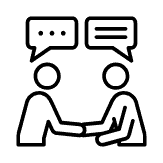 Two simple, outlined figures sit facing each other, shaking hands. Each has a speech bubble above their head, indicating a conversation or agreement.