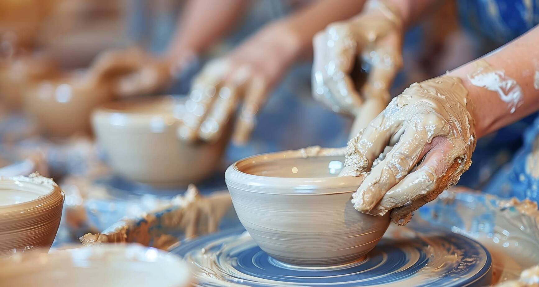 Close-up of hands covered in wet clay shaping a bowl on a pottery wheel, with other bowls and blurred hands working in the background.