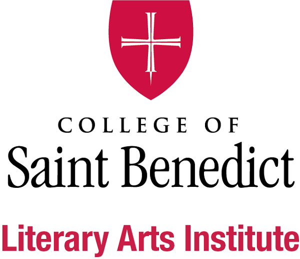 Logo for the College of Saint Benedict Literary Arts Institute, featuring a red shield with a white cross above the institute’s name in black and red text.