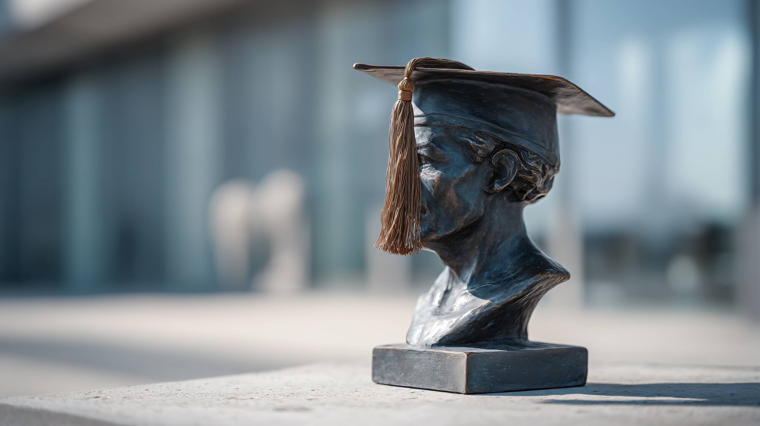 A bronze bust sculpture of a person wearing a graduation cap with a tassel, displayed outdoors with a blurred modern building in the background.