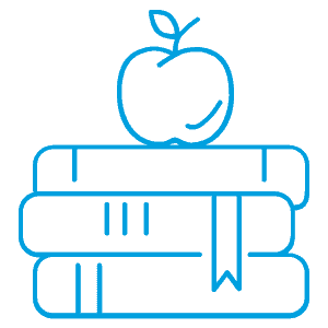 A simple blue line drawing of three stacked books with a bookmark in the middle book and an apple placed on top.
