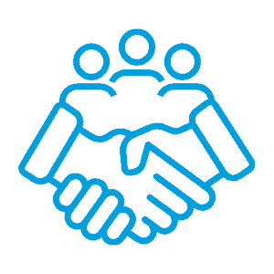 Blue line drawing of two hands shaking, with three abstract human figures above the hands, symbolizing teamwork, partnership, or collaboration.