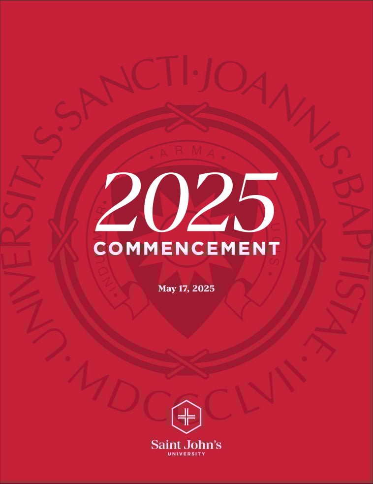 Download 2025 SJU Commencement Program Red graphic with "2025 Commencement" in white text, "May 17, 2025" below, and Saint John’s University logo at the bottom, over a faint university seal background.