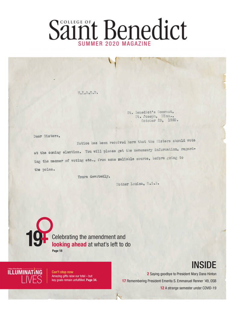 A vintage letter from 1919 is shown on the cover of the College of Saint Benedict Summer 2020 Magazine. The cover highlights themes of celebrating the amendment, saying goodbye to a president, and navigating COVID-19.