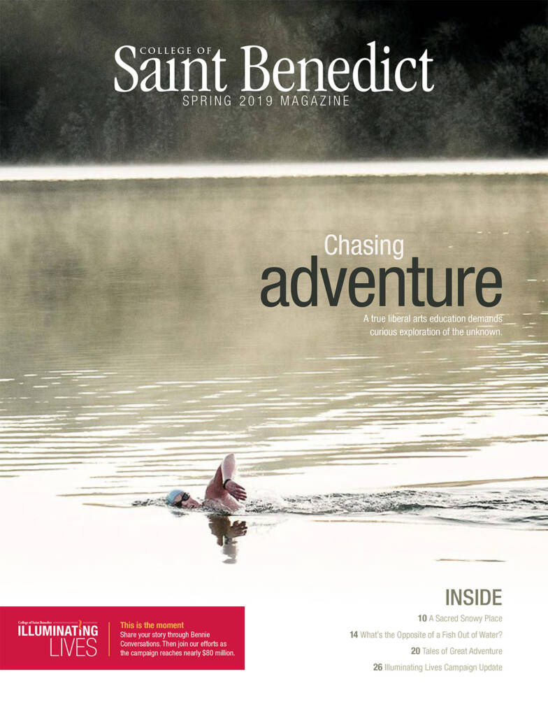 A magazine cover featuring a person swimming in a body of water, with the title "Chasing Adventure" and subtext about a liberal arts education. The College of Saint Benedict Spring 2019 Magazine title is at the top. Inside stories are listed at the bottom.