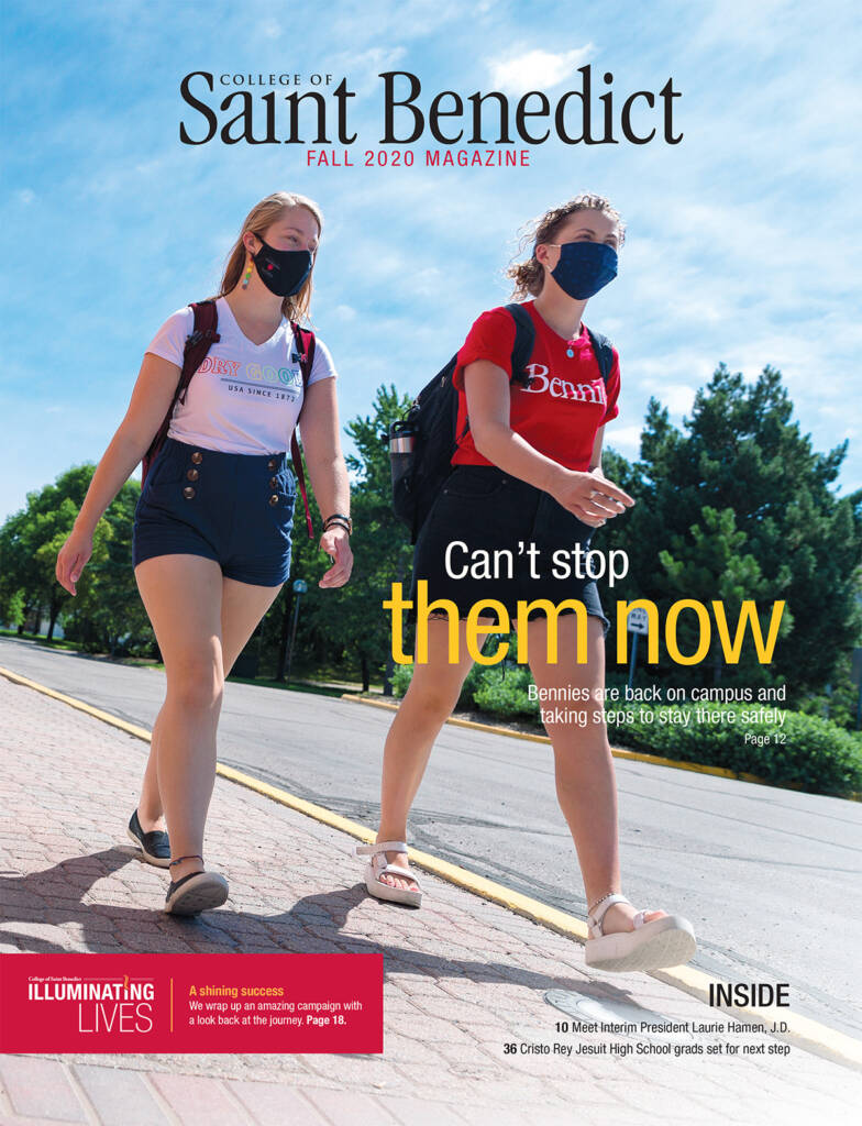 Two students wearing masks walk on a sunny campus path. One wears a red shirt and the other a white shirt. The magazine cover features the text "Can't stop them now" and highlights topics inside, such as safety and alumni updates.