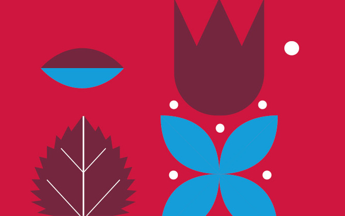Abstract geometric design featuring a burgundy tulip-like shape, a leaf, and a petal formation. The shapes are in burgundy and blue on a red background with small white circles scattered around.