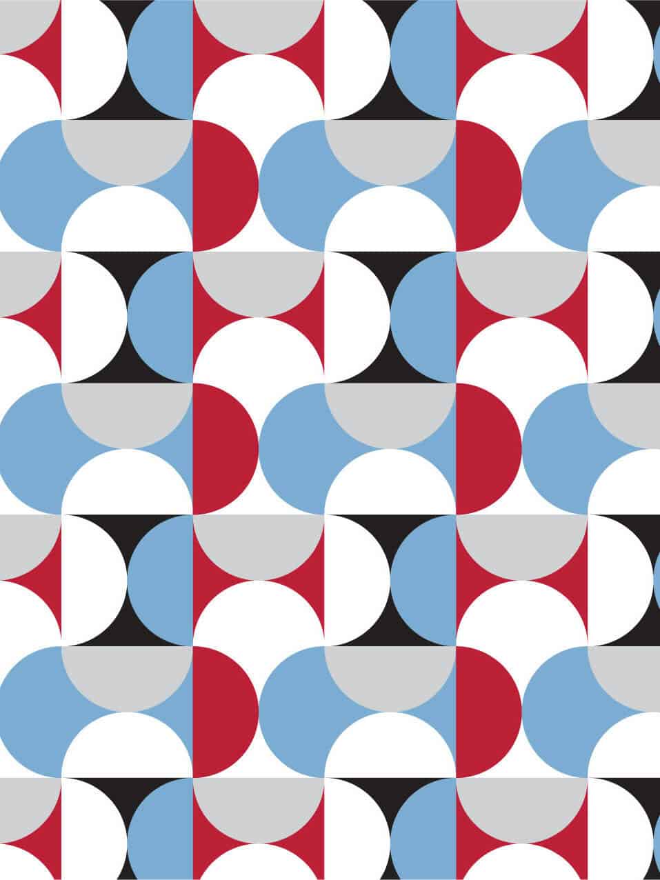 A seamless geometric pattern featuring interlocking shapes in red, light blue, gray, black, and white, forming a repeating abstract design of semi-circles, quarter-circles, and triangles.