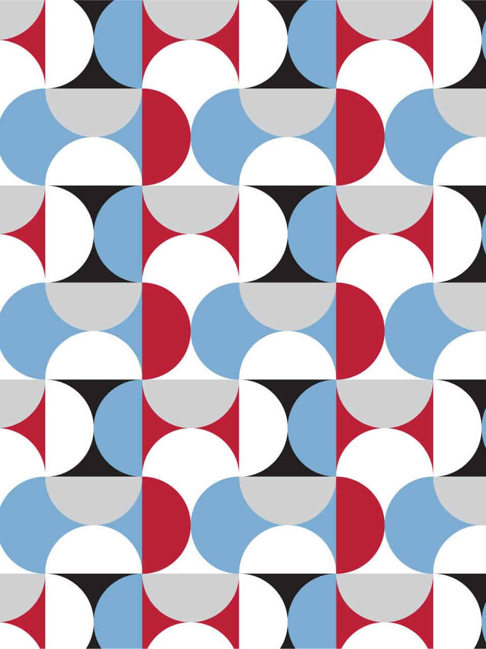 A seamless geometric pattern featuring interlocking shapes in red, light blue, gray, black, and white, forming a repeating abstract design of semi-circles, quarter-circles, and triangles.