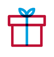 Simple line drawing of a gift box with a red outline and a blue ribbon and bow on top, set against a light gray background.