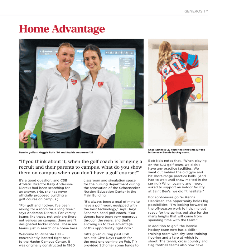 Two women in red and white Bemis College golf shirts smile and stand arm-in-arm indoors. On the right, a woman in a red hockey jersey stands on artificial turf, pointing her hockey stick at a goal.