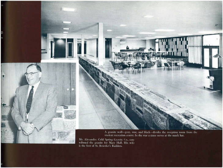 A vintage photo features a modern reception room divided by a granite wall. The reception area has tables, chairs, and a snack bar. Inset on the left is a black-and-white photo of a man in a suit, smiling. Text describes the scene and identifies the man and his wife.