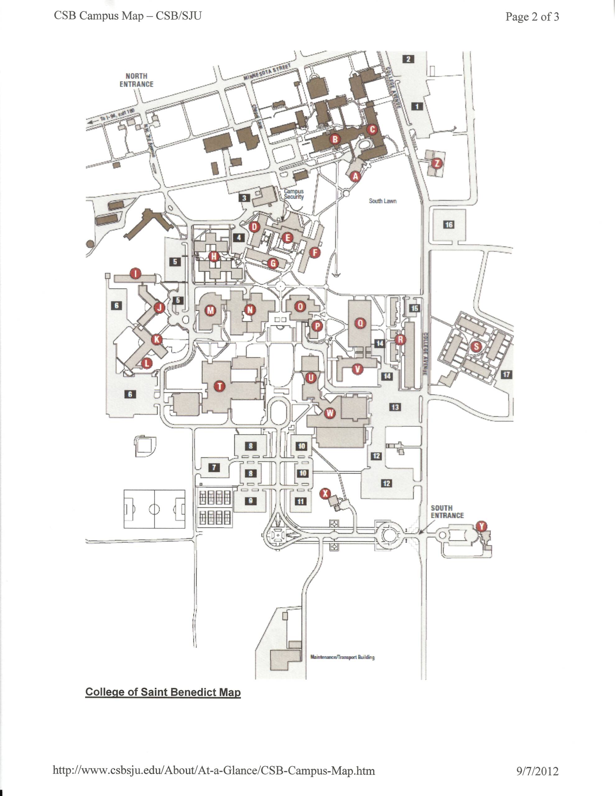A detailed map of the College of Saint Benedict campus. It shows the arrangement of buildings, labeled with numbers corresponding to a key (not shown). The map includes pathways, parking areas, and surrounding roads. The college's website URL is at the bottom.