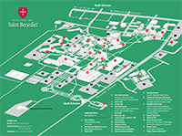 Map of the College of Saint Benedict campus. Buildings, landmarks, and parking areas are marked. Key locations are numbered and listed in corresponding legend at the bottom. The campus is oriented with North to the top and South to the bottom.