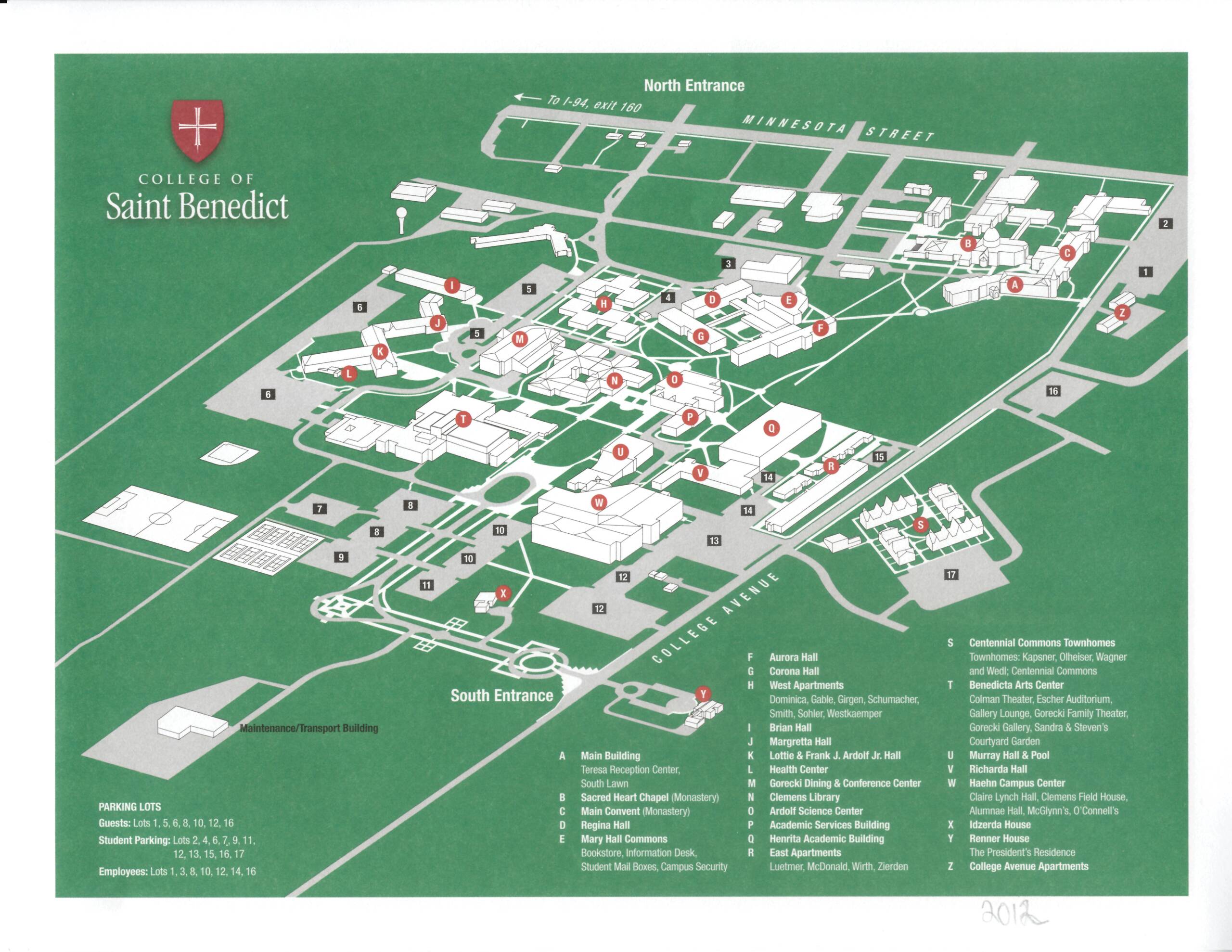 A detailed map of the College of Saint Benedict campus. Key locations and buildings are numbered and labeled, with the North and South Entrances indicated. It includes various halls, residence areas, and parking lots, all marked clearly on a green background.