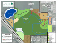 A detailed map of Stampede Lake State Park. It shows various trails color-coded by difficulty and type, a lake, picnic and restroom areas, parking lots, and surrounding roads. Marked features include Willow Trail, Maple Trail, and Lake Beach.