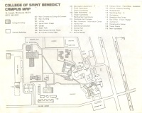 A campus map of the College of Saint Benedict showing various buildings and their locations. Key points include administrative offices, academic buildings, residence halls, and recreational facilities. Roads and pathways connecting the different areas are also depicted.