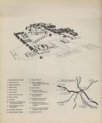 A black and white schematic map of a building complex with numbered landmarks. An index in the bottom left lists the corresponding locations. An additional map in the bottom right illustrates route connections to the site.