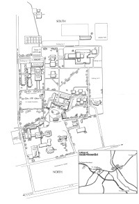 A black and white map showing the layout of a campus or institution. The map includes various buildings, roads, and pathways. A smaller inset map in the bottom right corner provides a broader view of the surrounding area and its connection routes.