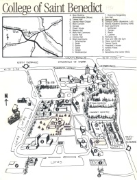 A black and white illustrated map of the College of Saint Benedict campus. Key locations are marked with numbers corresponding to a legend listing 28 buildings and areas including halls, recreation centers, and dining areas. The map includes nearby roads and a compass.