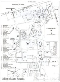 Black and white campus map of the College of Saint Benedict, showing various buildings, parking lots, and landmarks labeled with letters. Streets, paths, and entrances are depicted, including the north entrance and directions to St. Cloud and downtown St. Joseph.
