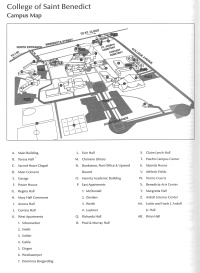 Black and white campus map of the College of Saint Benedict, featuring labeled buildings and locations including the Main Building, Academic Services Building, Clemens Library, and basketball courts. Numbered descriptions correlate with listed locations.