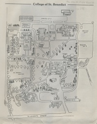 A black-and-white campus map of the College of St. Benedict, detailed with various buildings, pathways, and green spaces. The map features labeled areas and streets, with "College of St. Benedict" prominently written at the top.