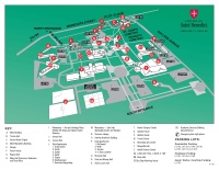 A campus map for Saint Benedict College shows various buildings marked with numbered red circles. A legend at the bottom identifies each building, and parking lots A–F are labeled throughout the map. The map has a green background and white pathways.