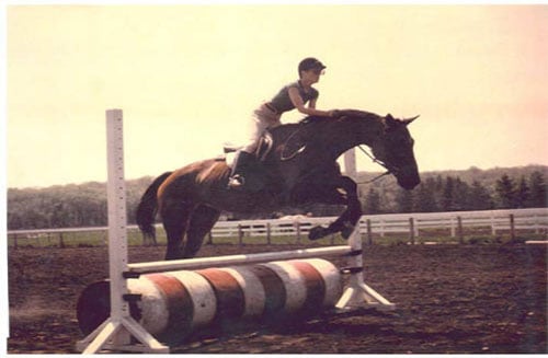 A person riding a horse is captured mid-jump over a hurdle on an equestrian field. The sun casts a warm glow over the scene, highlighting the rider's steady posture and the horse's powerful leap. The background features a white fence and distant trees on a hazy day.