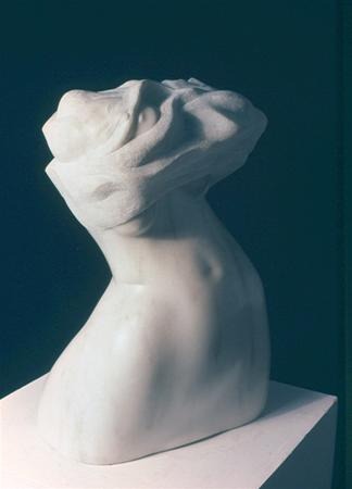 A smooth, white marble sculpture of an abstract, headless upper torso with dynamic, swirling forms where the head would be, displayed on a rectangular pedestal against a dark background.