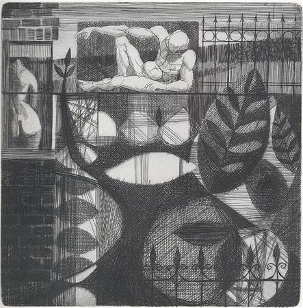 A black and white abstract drawing features large overlapping leaves, geometric patterns, and a reclining figure on a balcony above. In the background, another human figure stands near a railing.