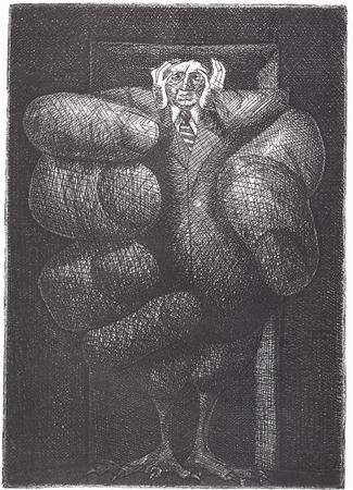 A surreal black-and-white drawing of a man in a suit with an oversized, distorted hand engulfing his body and bird-like feet. He holds his head with both hands, standing in a doorway with a distressed expression.