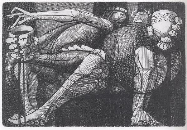 Two abstract, muscular figures with exaggerated limbs and hands sit close together, each holding a large goblet. The image is rendered in a dense, crosshatched black-and-white drawing style.