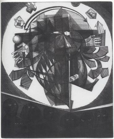 Abstract black-and-white artwork featuring intersecting geometric shapes and lines forming a circular central figure, with shadowy faces suggested at the bottom and a bright background behind the main structure.