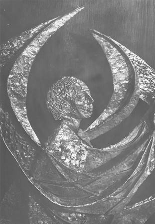 Silver metallic artwork showing a stylized human figure with textured hair, surrounded by large, curved, crescent shapes that resemble wings or abstract forms, set against a dark background.