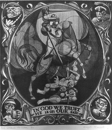 A dark, detailed illustration shows a knight on horseback trampling people below. The border features four stern figures, two on each side. At the bottom, a banner reads, "IN GOD WE TRUST. HE is on OUR side.