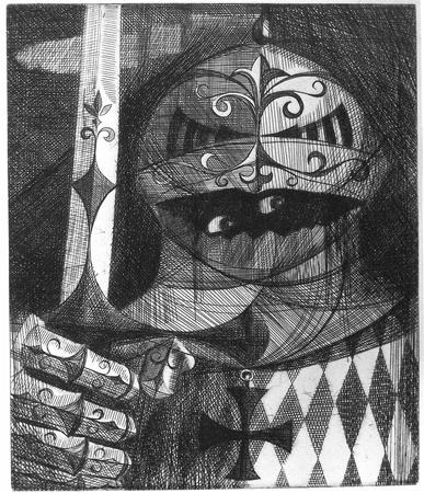 A surreal black-and-white drawing of a knight in armor, featuring intricate patterns, a fleur-de-lis on the helmet, cross motifs, and diamond shapes on the chest. The figure holds a decorated sword.