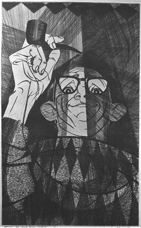 A stylized, black-and-white drawing of a person in glasses holding a smoking pipe upward, wearing a sweater with a geometric pattern. The image is shaded with dynamic lines and dramatic lighting.