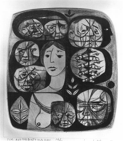 A surreal black and white drawing featuring a central woman surrounded by fragmented, abstract faces and hands, all intersected by expressive lines and geometric patterns.