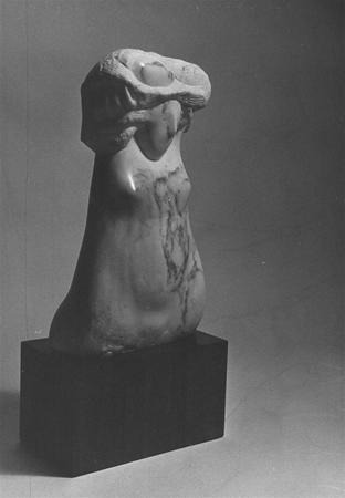 Black and white photo of a marble sculpture depicting a headless and armless female torso on a rectangular dark base, with soft shadows cast on the plain background.