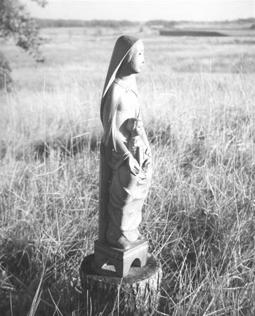 A statue of the Virgin Mary with baby Jesus stands on a tree stump in a grassy field, captured in black and white with an open landscape in the background.