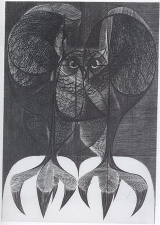 Black and white drawing of an owl with large eyes, textured feathers, and exaggerated, abstract talon shapes overlapping in the foreground, blending realism and abstraction.